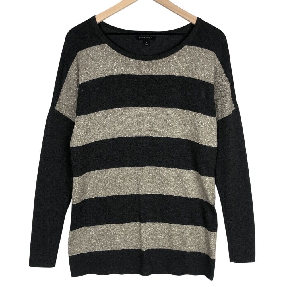 BANANA REPUBLIC Cotton Rabbit Hair Blend Metallic Sweater Sz M Striped Gray